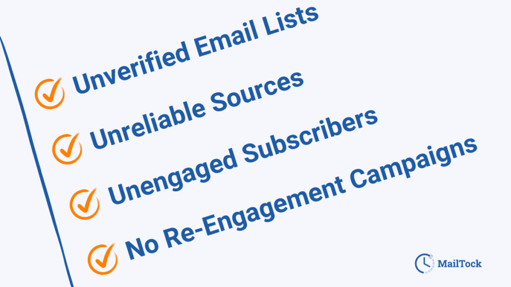 A checklist image with causes like "Unverified email lists, unengaged subscribers, and spam traps"