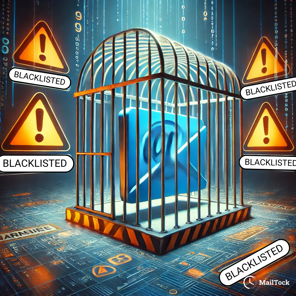 An illustration of an email icon trapped inside a cage, surrounded by warning signs labeled "Blacklisted," representing the consequences of being caught in a spam trap, including email blacklisting and deliverability issues.