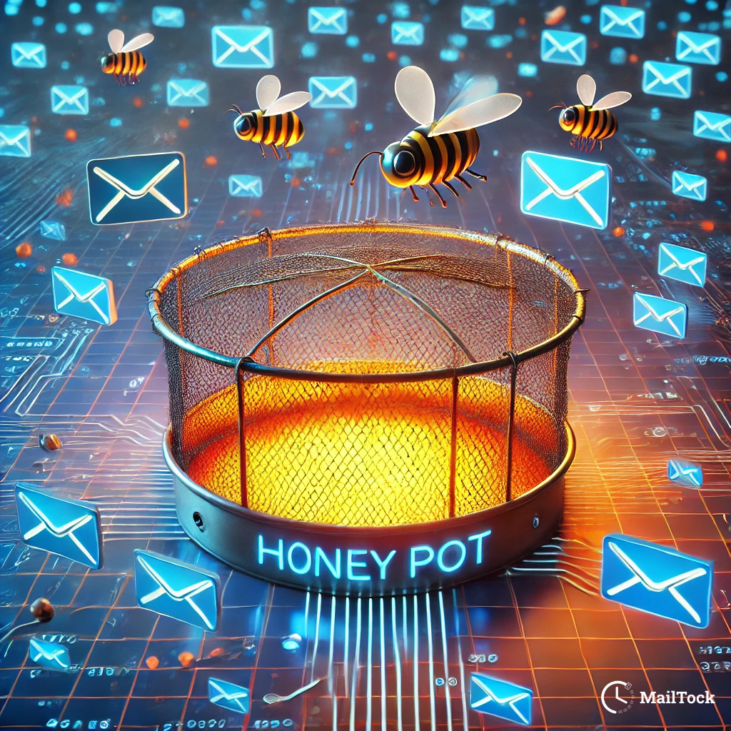 A glowing digital honeypot trap set in a vast cyber landscape, attracting flying email icons like bees—symbolizing how spam traps are strategically placed to catch senders violating email best practices.