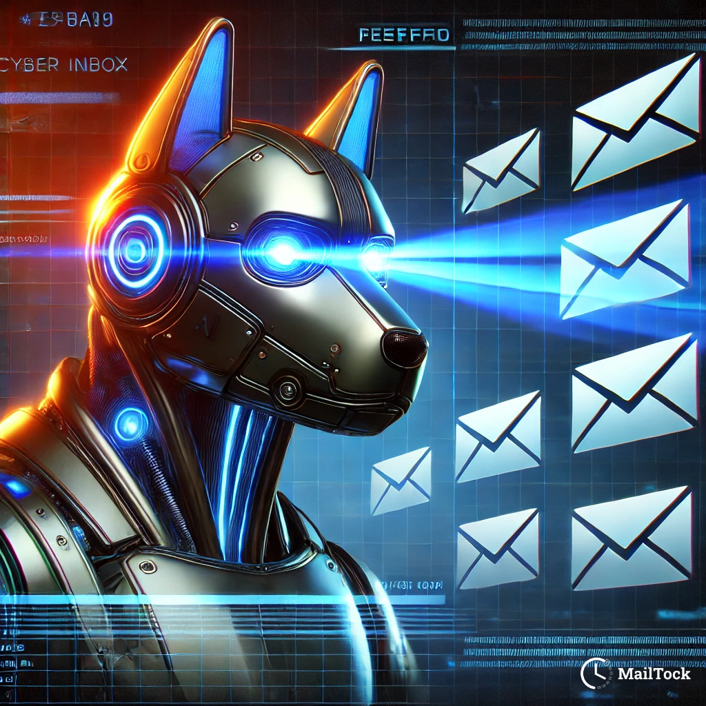 A futuristic cyber watchdog with glowing blue eyes scanning a digital inbox, symbolizing how spam traps silently monitor and detect suspicious email activity to protect inbox security.