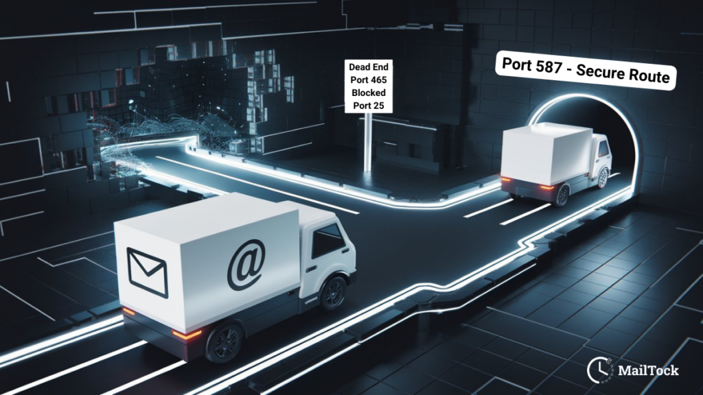 Two delivery trucks on a digital highway, one heading into a dark void labeled 'Blocked Port 25 / Dead-End Port 465' while another smoothly exits a bright tunnel labeled 'Port 587 – Secure Route,' symbolizing correct and incorrect SMTP port choices.